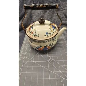 Vintage 1982 M Kamenstein Floral Enamel Tea Kettle Pot Cream Brass Wood Handle